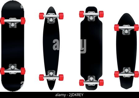 Black skateboards with red wheels of different size and shape realistic set isolated on white background vector illustration Stock Vector