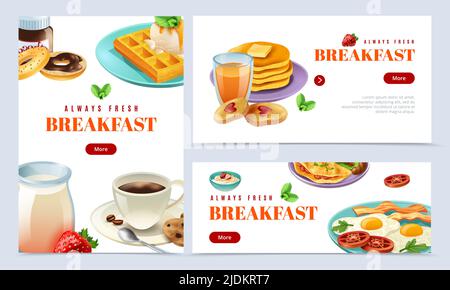 Always fresh breakfast isolated banner set with plate of scrambled eggs and bacon coffee milk bakery vector illustration Stock Vector