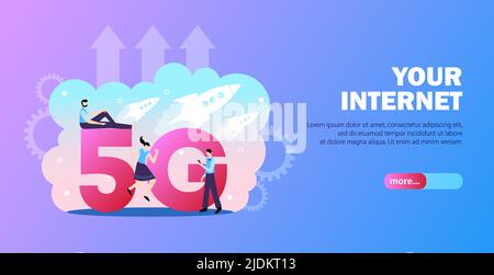 Internet horizontal banner with editable text more button and people using 5g with gear arrow pictograms vector illustration Stock Vector