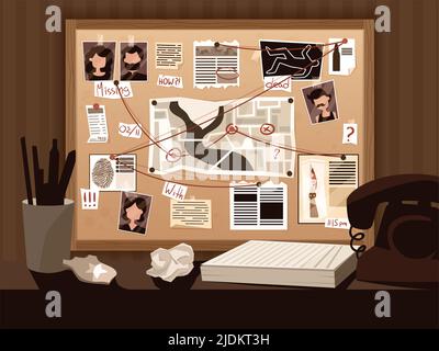Detective board composition with view of investigators workspace with vintage telephone pinned suspect photos and captions vector illustration Stock Vector
