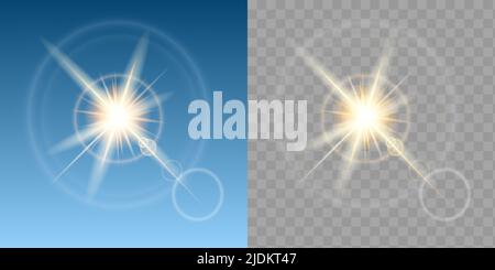Two sun effect in blue sky composition set with abstract lights on sky and transparent background vector illustration Stock Vector