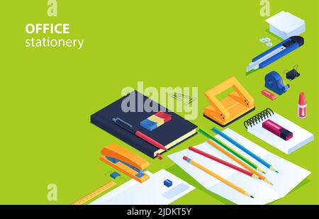 Office stationery background with eraser pen sharpener and pencil isometric vector illustration Stock Vector
