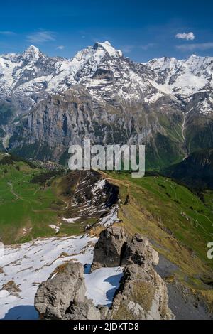 View over some of the highest peaks of Bernese Alps, Murren, Canton of Bern, Switzerland Stock Photo