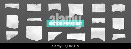 Ripped torn school notebook checked pages college lined paper scraps realistic set  dark transparent background vector illustration Stock Vector