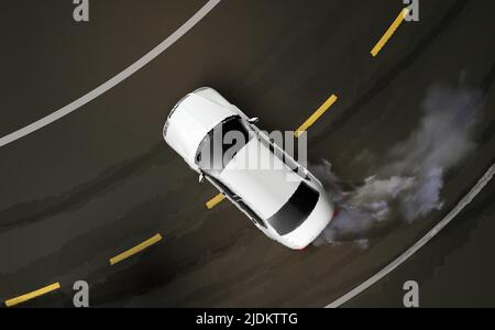 Cars top view realistic composition with asphalt road curve and drifting automobile with steam from tires vector illustration Stock Vector