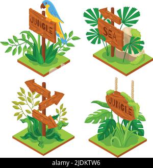 Isometric jungle wooden sign set of four isolated engraved boards with jungle plants on blank background vector illustration Stock Vector