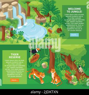 Set of two isometric jungle banners with exotic tropical landscapes animals and text with more buttons vector illustration Stock Vector