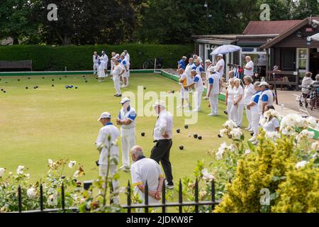 Tankerton lawn bowling club having a friendly match with Watford team in a hot summer Sunday Kent England UK Stock Photo