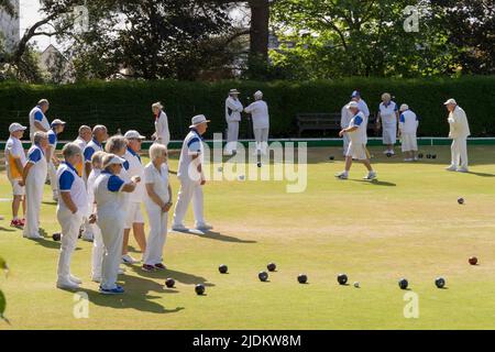 Tankerton lawn bowling club having a friendly match with Watford team in a hot summer Sunday Kent England UK Stock Photo