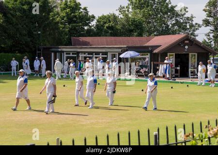 Tankerton lawn bowling club having a friendly match with Watford team in a hot summer Sunday Kent England UK Stock Photo