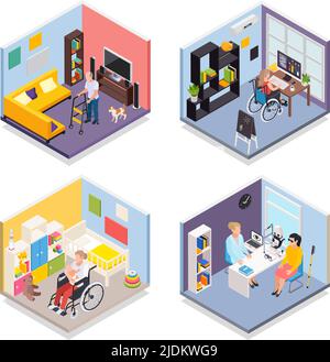 Young and elderly disabled people at home and hospital 2x2 isometric design concept 3d isolated vector illustration Stock Vector