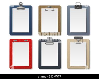 Realistic board tablets. Portable paper holder, different clipboards clamps, empty white sheets, various colors notebook, blank notepad pages. Simple Stock Vector