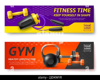 Realistic gym fitness banners. Sport equipment and accessories, bodybuilding dumbbell, kettlebell and skipping rope, advertising fitness horizontal Stock Vector