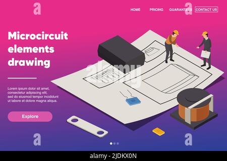 Microcircuit elements drawing background with semiconductor isometric vector illustration Stock Vector