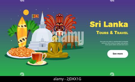 Sri lanka tours travel agency landing page horizontal colorful background banner with mask food temple vector illustration Stock Vector