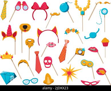Photo booth props accessories collection with cupcake mask diamond glasses party objects flat white background vector illustration Stock Vector