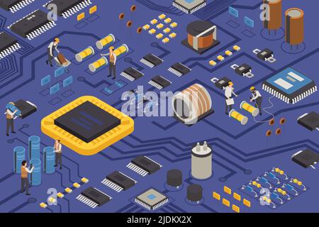 Semiconductor element production isometric composition with construction workers on circuit board moving capacitors transistors and microprocessors ve Stock Vector