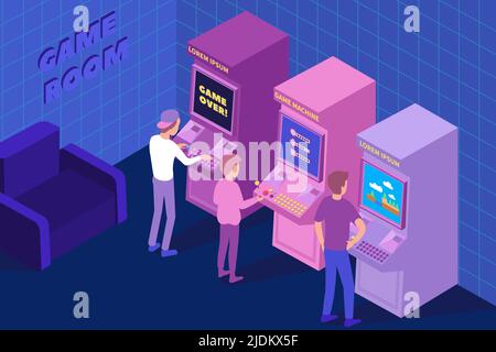 Three boys playing retro video slot games in computer club 3d isometric vector illustration Stock Vector