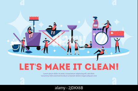 Professional cleaning service funny composition advertisement poster with team members sitting on iron board washing machine vector illustration Stock Vector