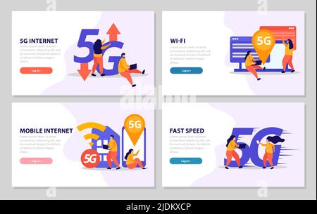 Fast speed internet 2x2 design concept set of four banners offer 5G connection wi fi signal and mobile internet vector illustration Stock Vector