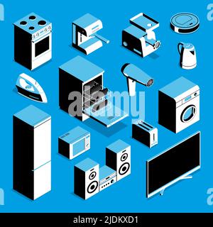 Isometric household appliances tree colors set with isolated images of home machines for domestic use vector illustration Stock Vector