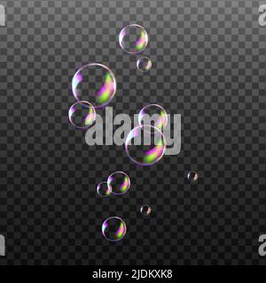 Reaistic colored balls.Vector texture.Set of transparent soap bubbles on checkered background. Stock Vector