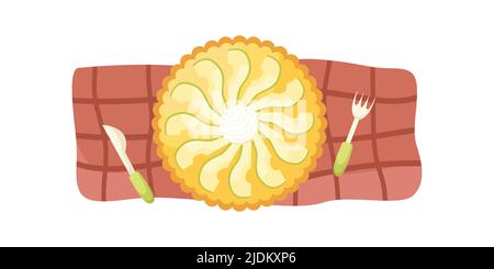 Vector illustration of an pear pie with an ice cream ball on a red tablecloth. Flat lay Stock Vector