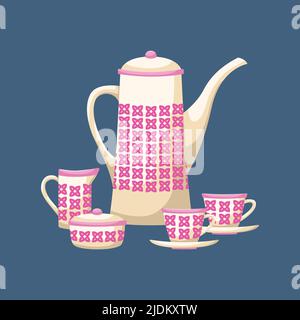 Vector illustration of a retro tea set. A teapot, a sugar bowl, a milk jug and two tea pairs. Stock Vector