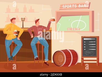 Flat background with two men drinking beer and watching football match in sports bar vector illustration Stock Vector