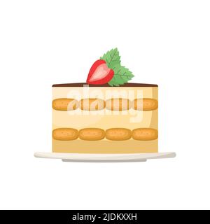 Vector illustration of a portion of tiramisu on a saucer decorated with strawberries and mint. Stock Vector