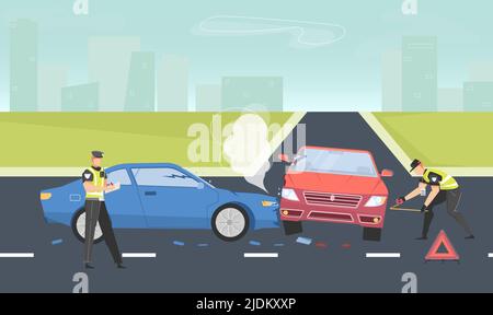 Car accident background with police and rules symbols flat vector ...