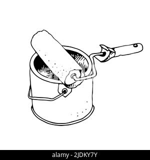Paint roller on a bucket of paint, vector hand drawn illustration, isolated on a white background Stock Vector