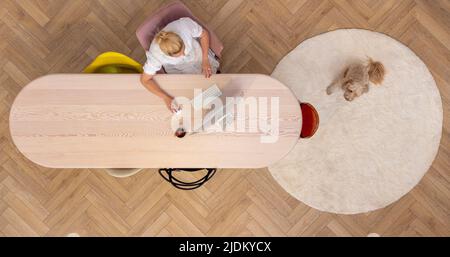 Aerial view of a small contemporary office with a young caucasian female sitting at a large light wood desk with a dog sitting next to her on a rug. Stock Photo