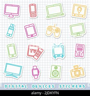 Computer and electronic devices paper stickers Stock Vector