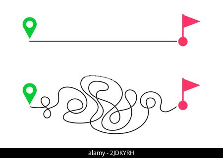 Straight and curved paths from start map pin to finish flag sign. Easy and hard way, fast and slow delivery, expectation and reality plan, ideal and real life concept. Vector flat illustration Stock Vector