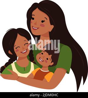 Mom hugs daughter and son. Happy mother day. Woman takes care of boy and girl. Cheerful people with black hair and dark skin. Children and parent laugh. Vector flat illustration Stock Vector