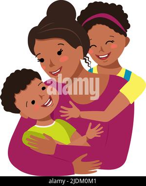 Mom hugs daughter and son. Happy mother day. Woman takes care of boy and girl. Cheerful African American people with black hair and dark skin. Children and parent laugh. Vector flat illustration Stock Vector