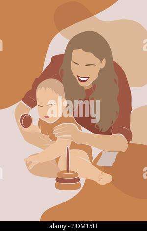Abstract Modern Bohemian Illustration of Mother Playing With Wooden Toys With Her Child. Mother and son Portrait. Faceless Contemporary Portrait Stock Vector