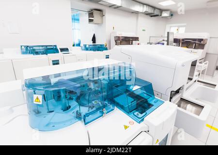 Saint-Petersburg, Russia - April 6, 2018: Cobas P 512 pre-analytical system. Clinical laboratory and blood bank fully automated equipment Stock Photo