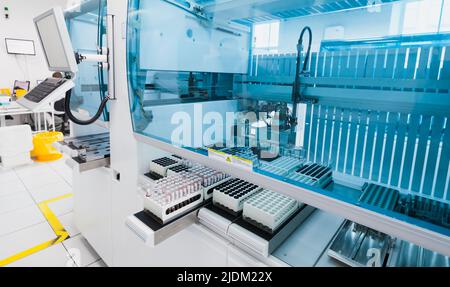 Saint-Petersburg, Russia - April 6, 2018: Clinical laboratory and blood bank fully automated equipment. Blood sampling of Cobas P 512 pre-analytical s Stock Photo
