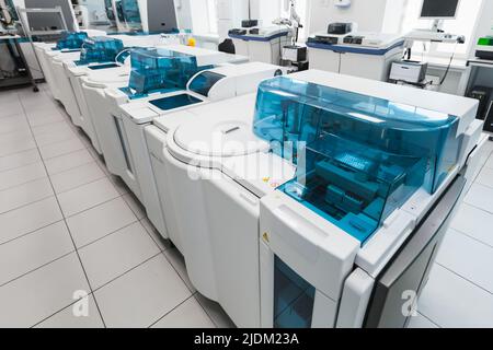 Saint-Petersburg, Russia - April 6, 2018: Clinical laboratory and blood bank fully automated equipment. Cobas P 512 pre-analytical system Stock Photo