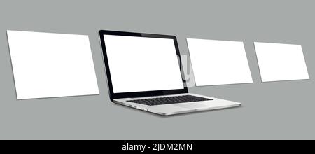 Laptop computer mockup with blank wireframing pages. Concept for showcasing web-design projects. Stock Vector