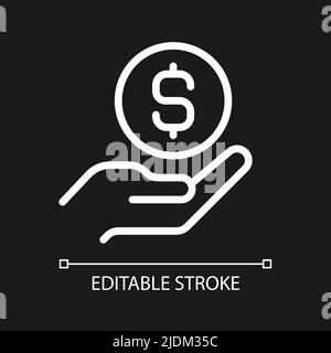 Coin in hand pixel perfect white linear icon for dark theme Stock Vector