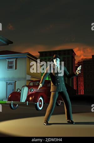 gangster with gun in the old Town, 3d rendering Stock Photo
