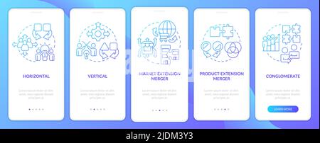 Types of mergers blue gradient onboarding mobile app screen Stock Vector