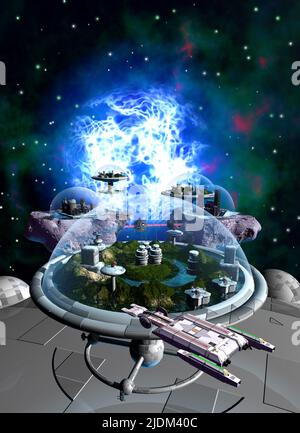 spaceships and space base in space, in the background a nebula and dark sky with stars, 3d illustration Stock Photo