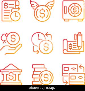 Financial activities pixel perfect gradient linear vector icons set Stock Vector