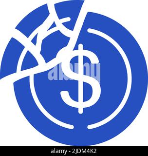 Stablecoin crash in downtrend. Stable coin price falls down. Cryptocurrency crisis falling coin icon and arrow vector illustration. Stock Vector