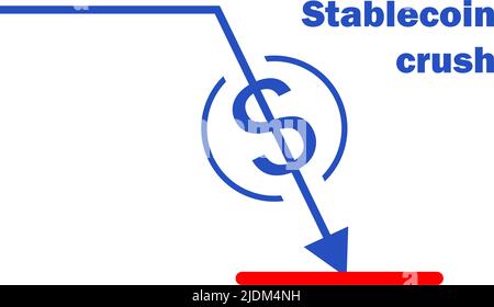 Stablecoin crash in downtrend. Stable coin price falls down. Cryptocurrency crisis falling coin icon and arrow vector illustration. Stock Vector