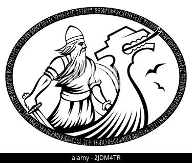 Old Norse warrior. Viking with sword and Drakkar in runic circle Stock Vector